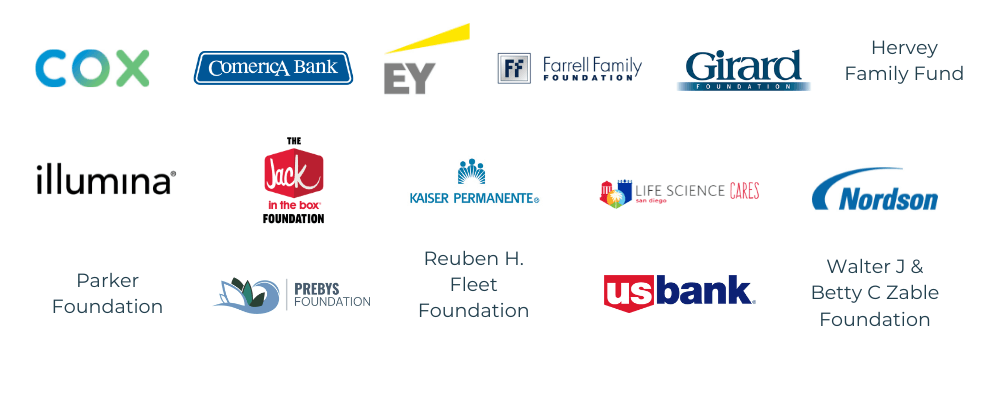 Life Science Cares EY Girard Foundation Hervey Family Fund Parker Foundation Illumina Walter J. & Betty C. Zable Foundation Comerica Conrad Prebys Foundation US Bank Nordson Foundation Cox Communications Farrell Family Foundation Reuben H. Fleet Jack in the Box Foundation Kaiser 