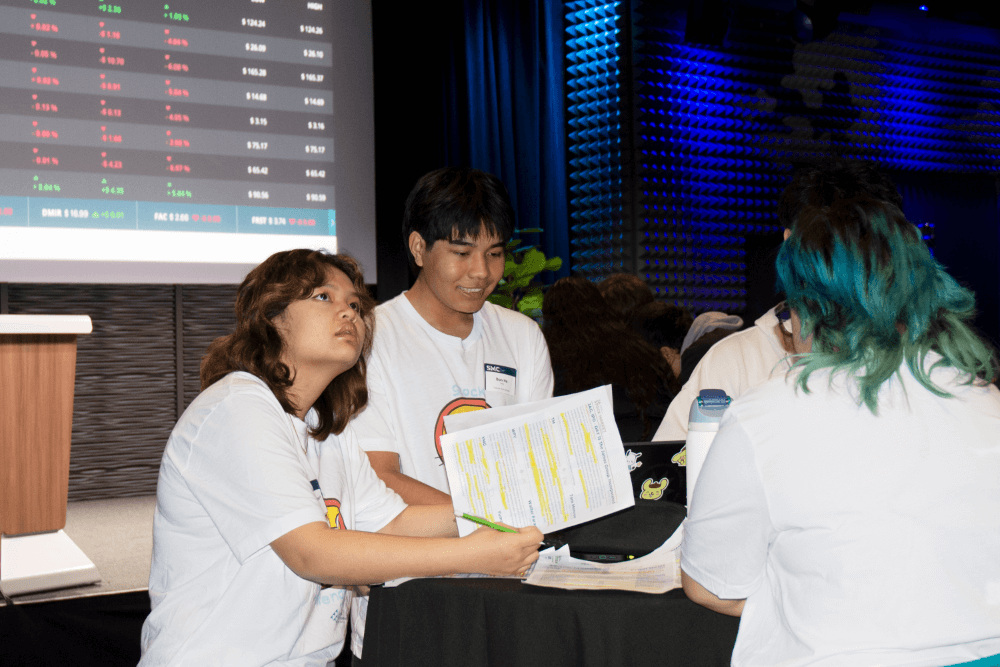 Students participating in the stock market simulation with trading screen inthe background